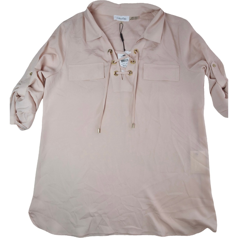Calvin Klein Blouse Top Womens Medium Pink Lace Up Roll Tab Sleeve New